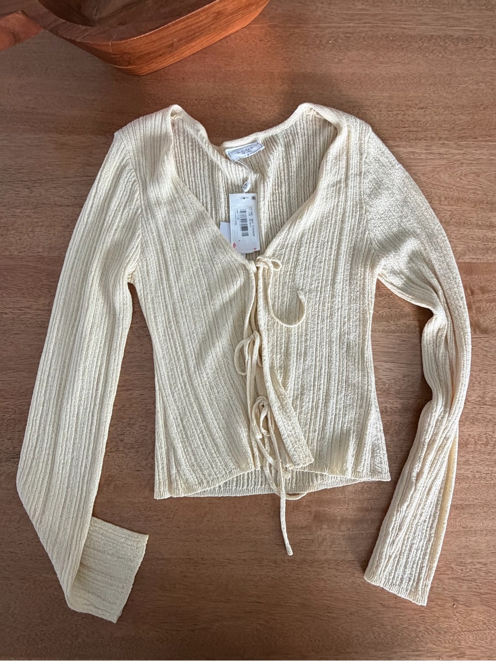 Sage The Label Tie Front Rib cardigan Blouse Womens M Cream Plunge NWT